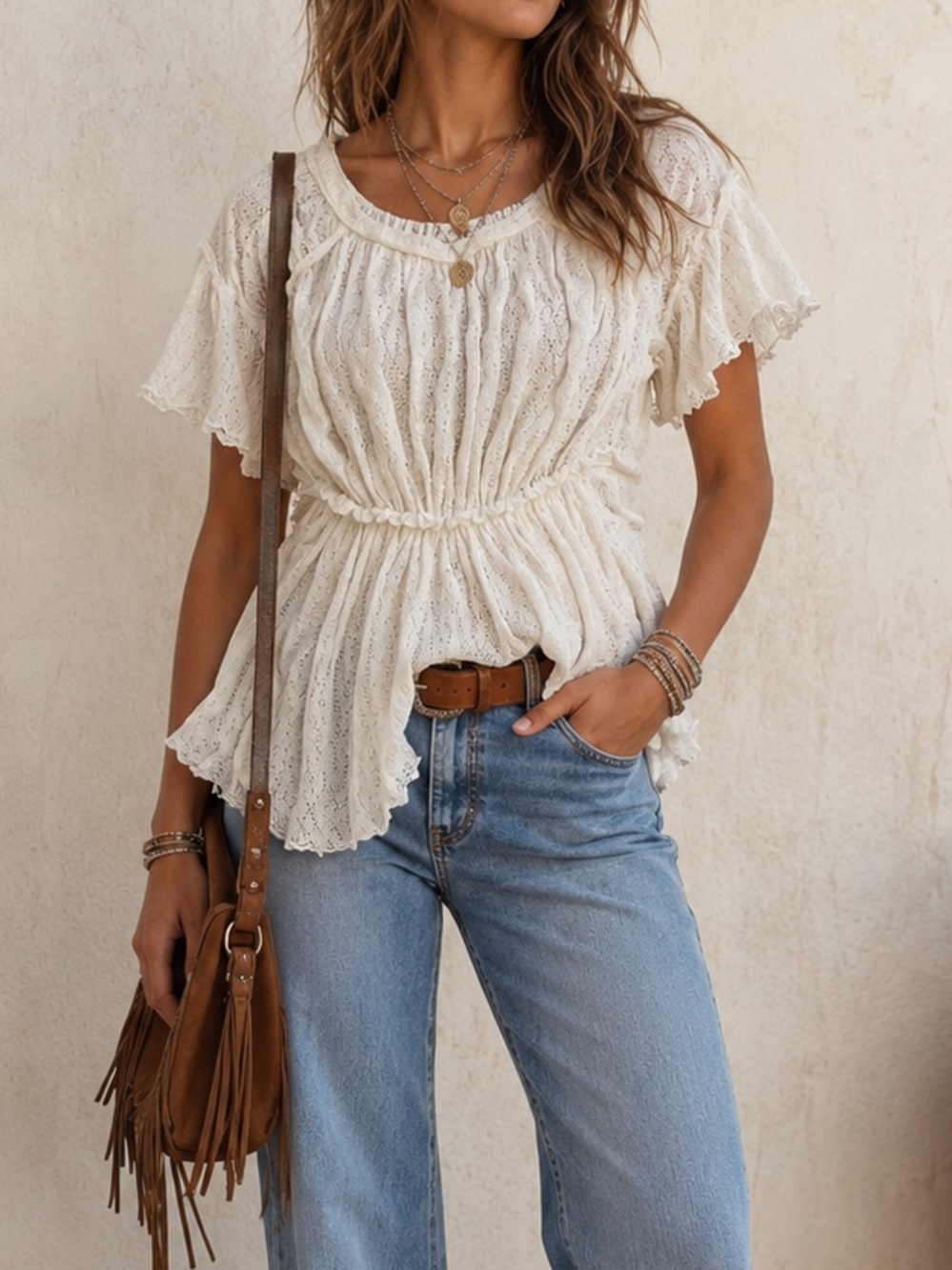 Free People Boho Gathered Semi Sheer Knit Tunic in White